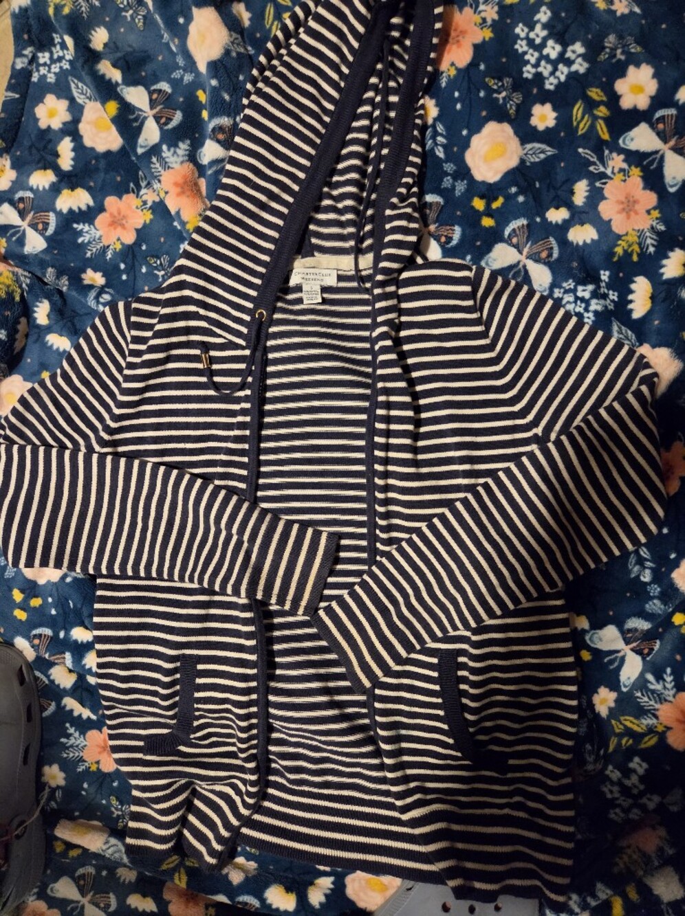 Charter Club Navy & White Striped Hooded Zip Jacket